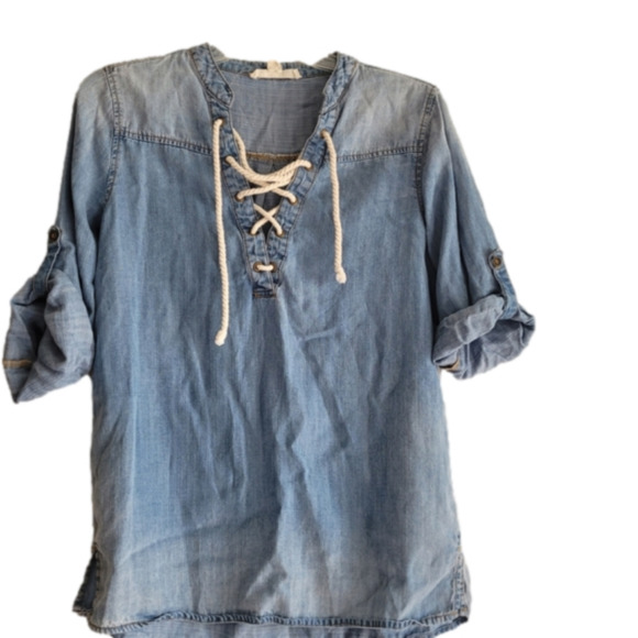 Love Stitch Tops - Love Stitch Medium Wash Blue Jean Distressed Long Sleeve Shirt w/ Drawstring